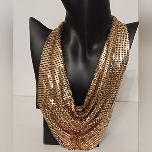 Whiting and Davis Signed Vintage Gold-tone Mesh Scarf / Bib Necklace